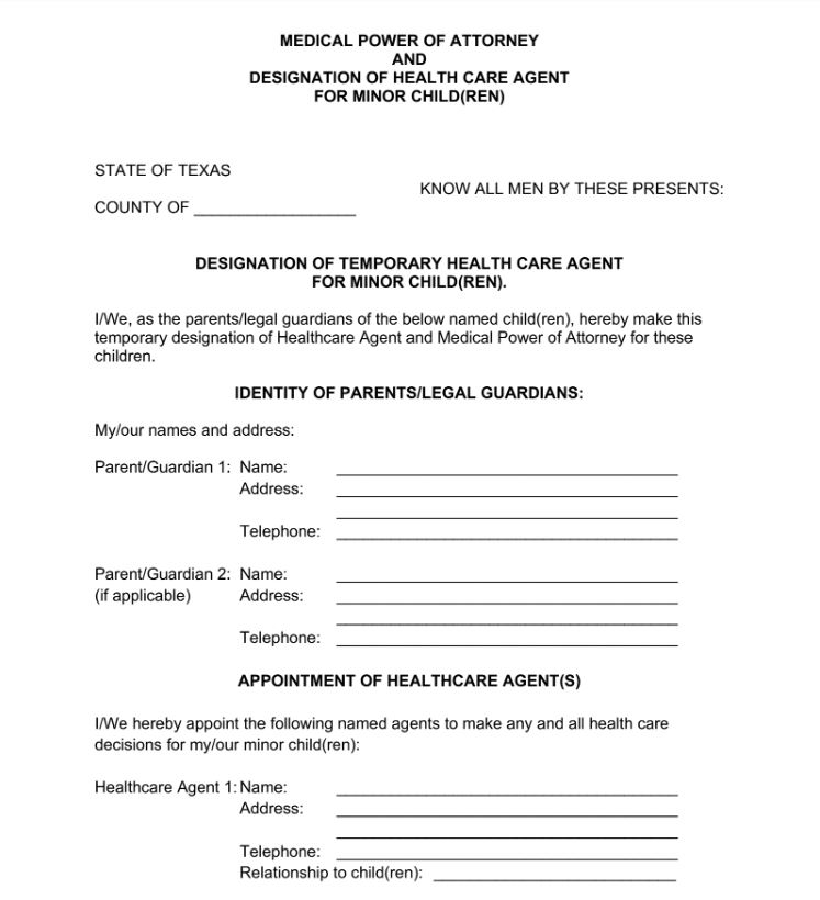 Healthcare Power of Attorney Form For Minors